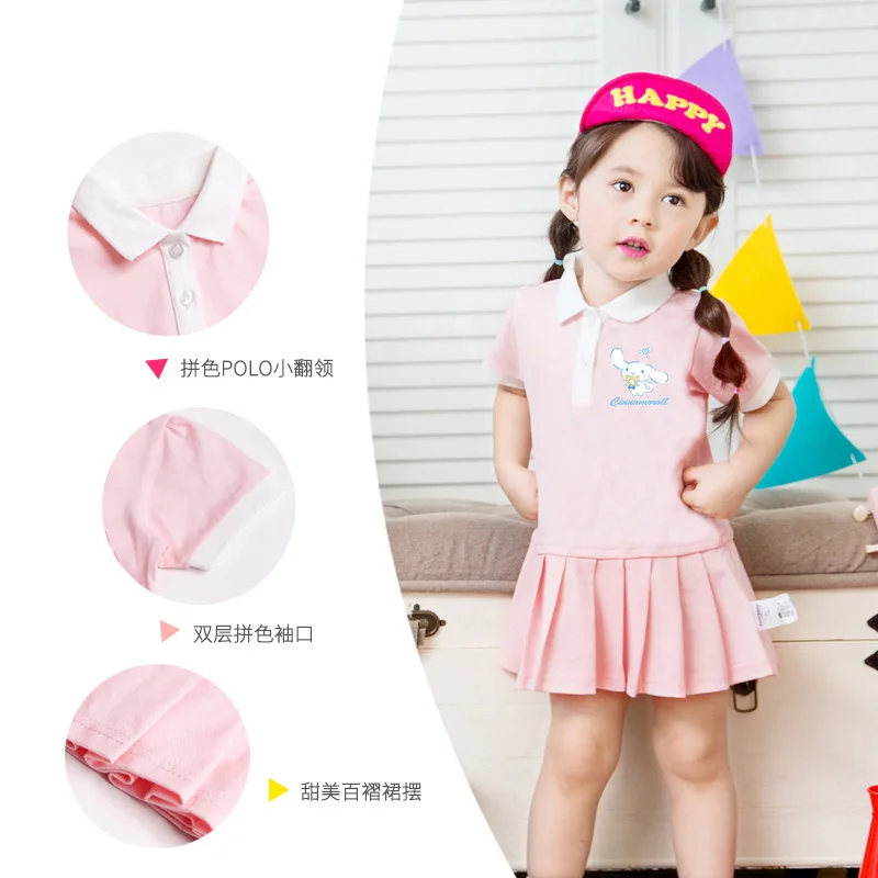 Sanrios Meisjes Korte Mouw Rok Kawaii Cinnamoroll Meisjes Preppy Geplooide Rok Mode Prinses Rok Schattige Zomer Kinderkleding