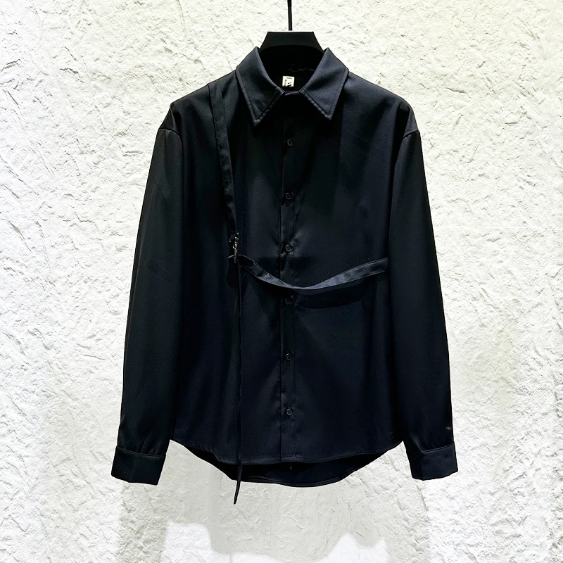 Korean Fashion Personalized Ribbon Buckle Shirt Men's Functional Loose Casual Long Sleeve Shirts Performance Stage Costume