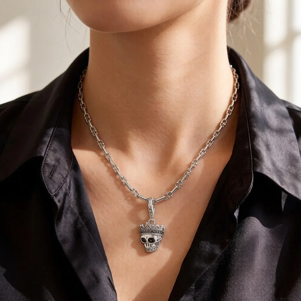 Unisex 925 Sterling Silver Skull King Charm Necklace