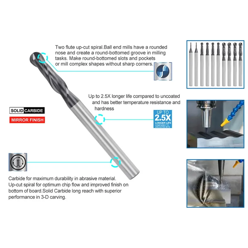 Ball Nose End Mill 1/8 Shank Two Flute Spiral Router Bit Carbide EndMill HRC55 CNC Radius Milling Cutter R0.4 R0.79 R1.19 R1.58