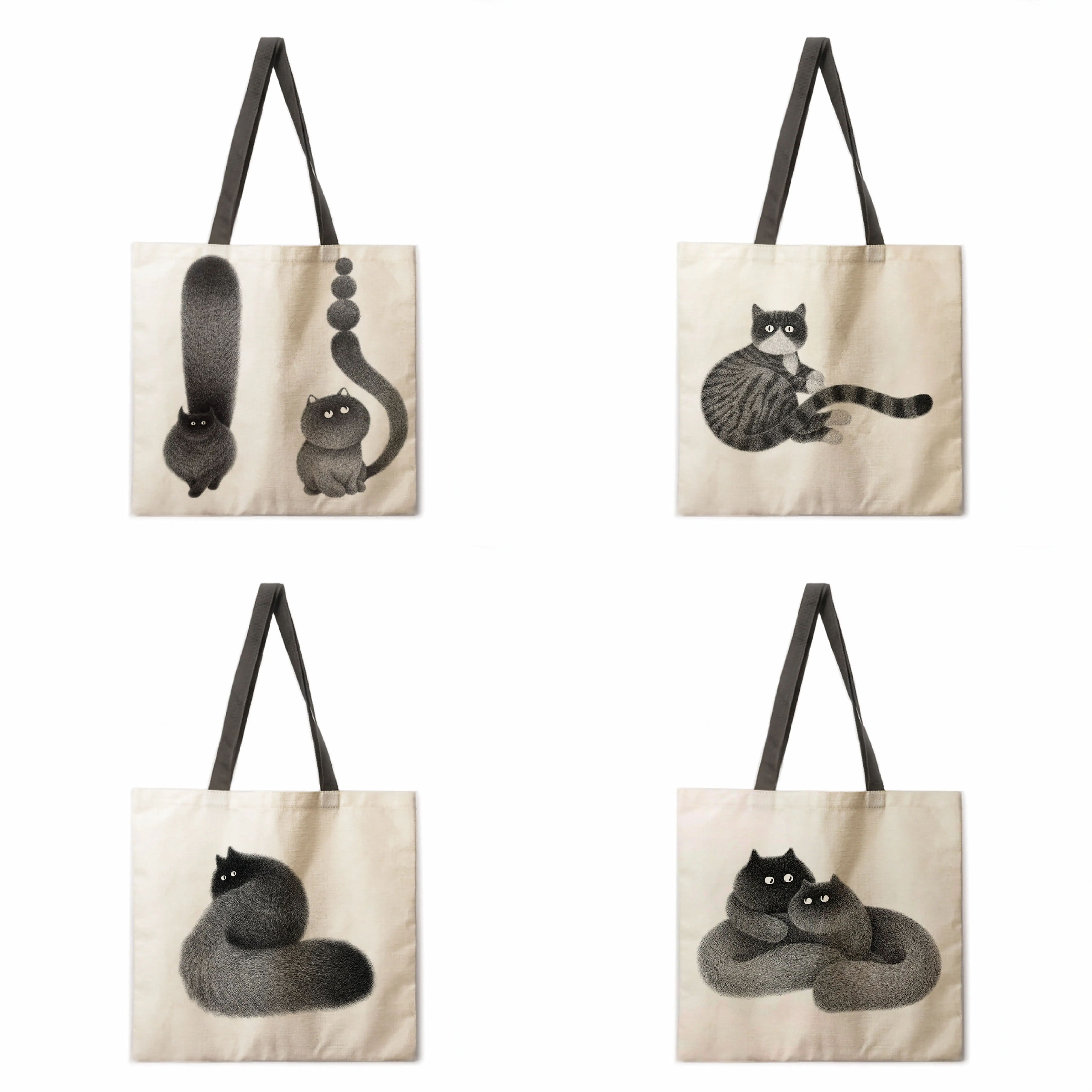 

Ink Cat Linen Handbag Lightweight Shoulder Bag Large Capacity Eco friendly Shopping Bag Handbag Tote Bag