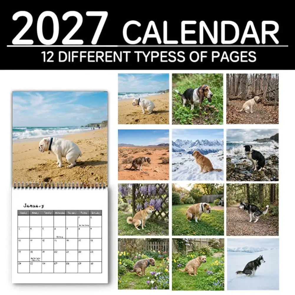 2027 Pooping Dogs Wall Calendar 12‑Month Funny Pet Photo Spiral Bound Hanging Calendar Humorous Novelty Decor Gift For Dog Lover
