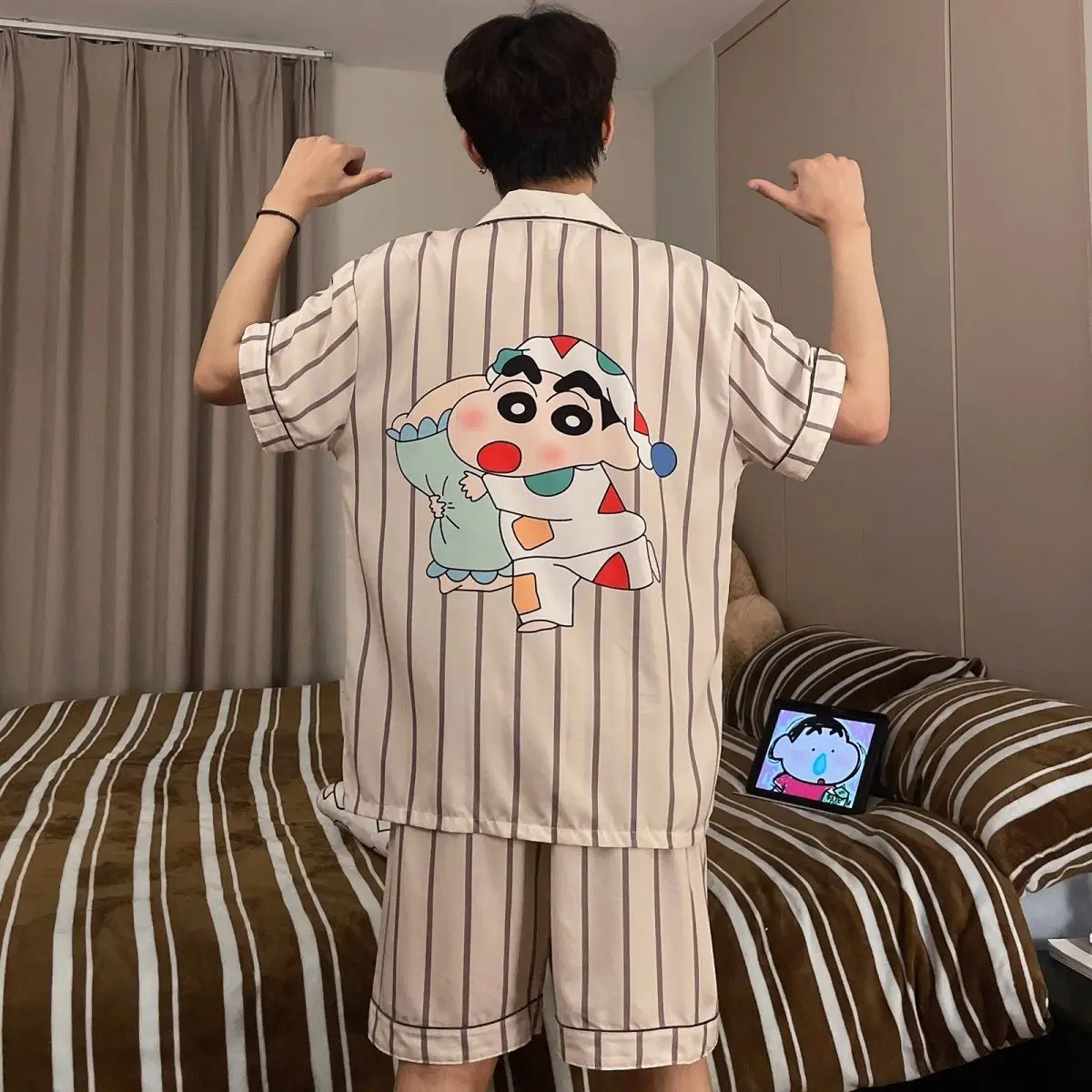 Kawaii Cartoon Crayon Shin Chan Couple Pajamas for Girls Summer Cute Cartoon Ice Silk Cool Home Suit Set Ins Style Anime Cute