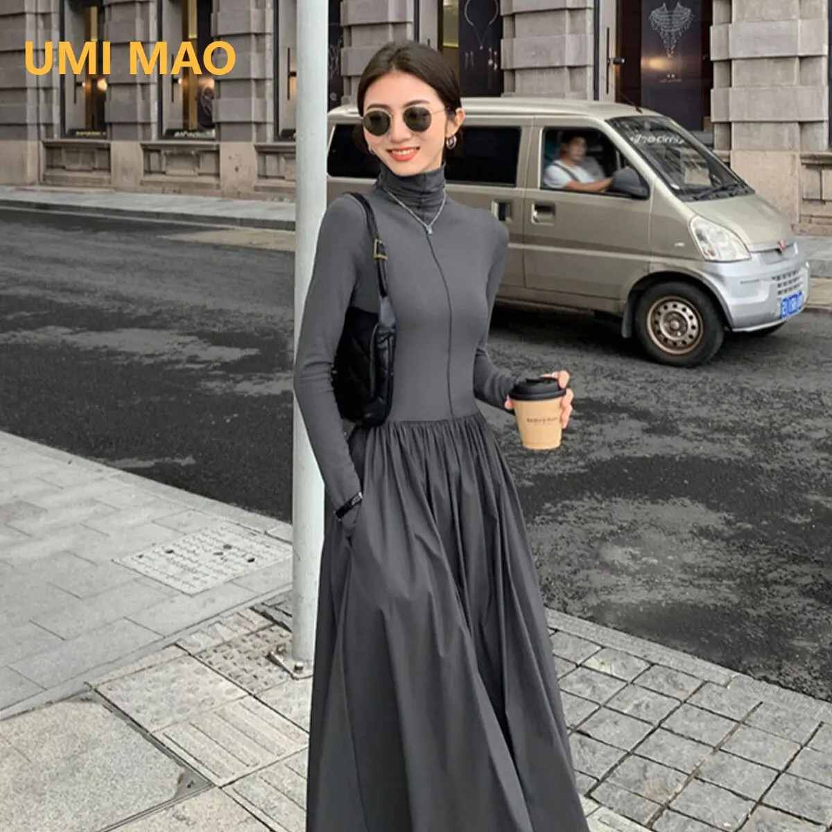 

UMI MAO French Dresses Haute Couture Temperament Goddess Style Long Dress Hepburn Style Slimming Long Sleeved Dress Women Femme