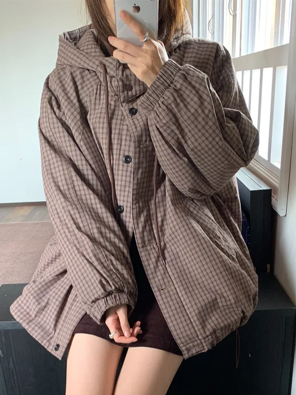 الرجعية كسول اللون بلو منقوشة فضفاضة مقنعين القطن Jaet المرأة الكورية Sle الشتاء زر واحد معطف القطن الدافئ ملابس خارجية