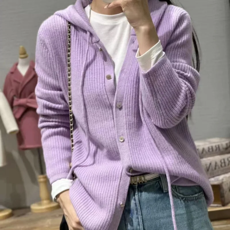 100% Pure Wool Sweater Women\'s Clothing Knitted Cardigan Autumn Winter New Casual Hooded Cardigan Loose Korean Long Sleeved Top