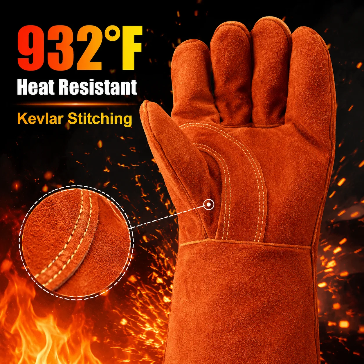 

3/6/12Paris Thick Cowhide Welding Gloves 500℃ Heat Resistant Long Cuff Fireproof Anti-Scald Welder Safety Gloves For Electric Welding Forging BBQ Fireplace High Temperature Industrial Protective Work Gloves