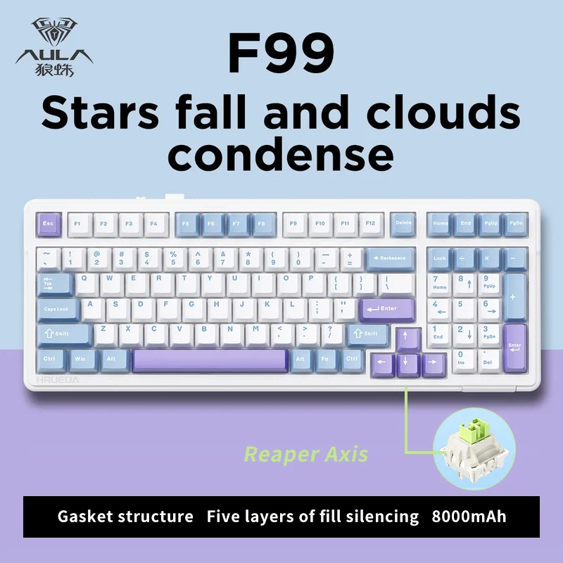AULA F99PRO Gaming mechanisch toetsenbord 99-toetsen Drie modus Draadloos Hot-swappable pakkingstructuur Aangepast toetsenbord met mediaknop