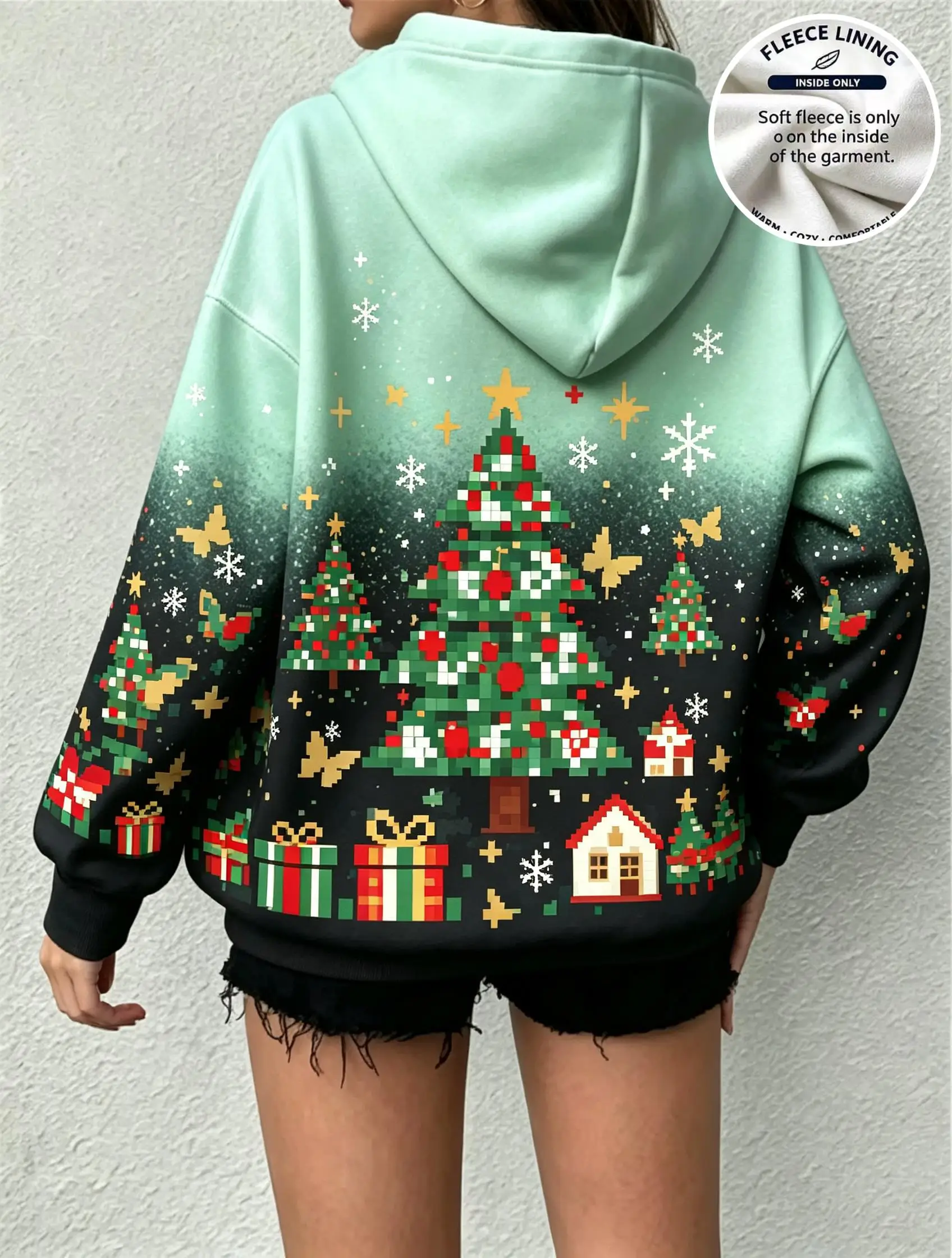 Women Christmas Xmas Tree Gift House Butterfly Star Gradient Fleece Hoodie Teal Black Back Print Sweatshirt