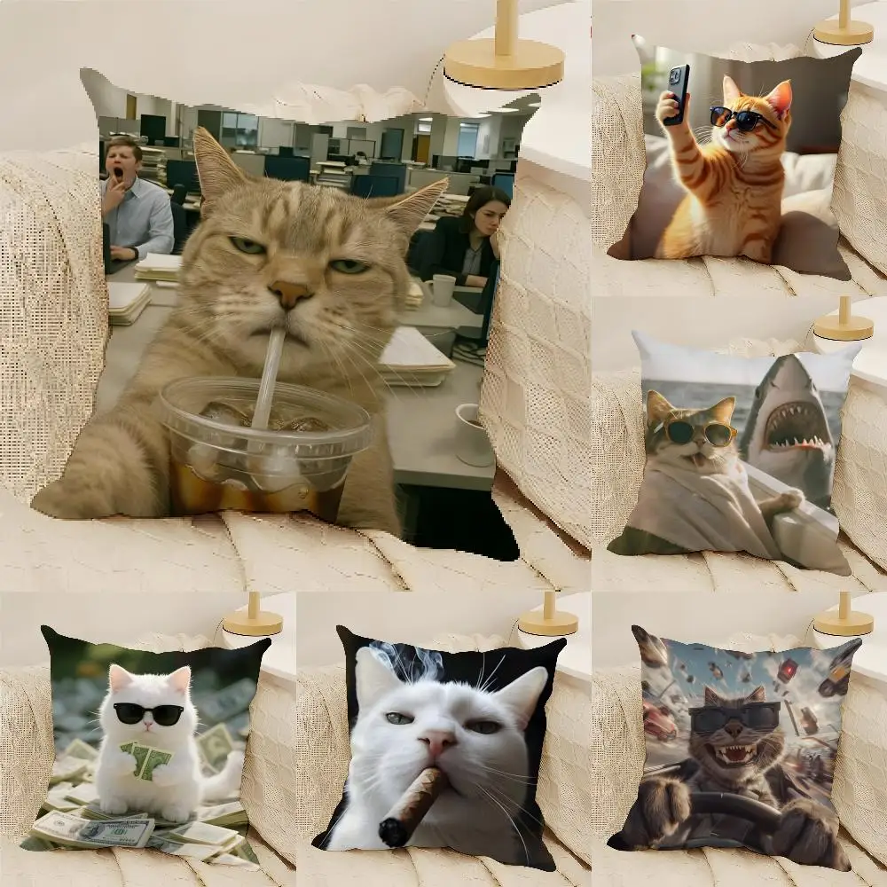 Funny Cool Life Style Cat Cushion Cover Natural Linen Organic Fabric Double-Sided Printing Sofa Home Decor Gift Pillow Cover
