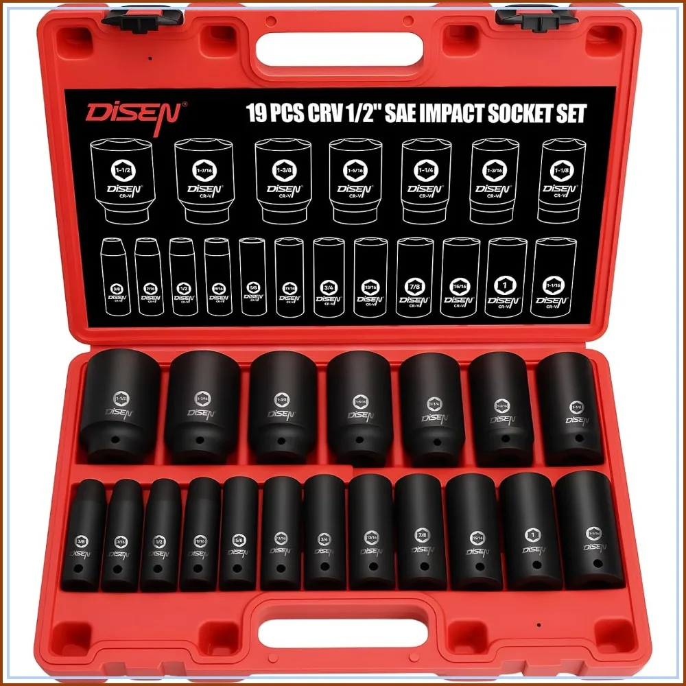 19 Pcs 1/2 Inch SAE Impact Socket Set for Automotive Repair and Mechanics