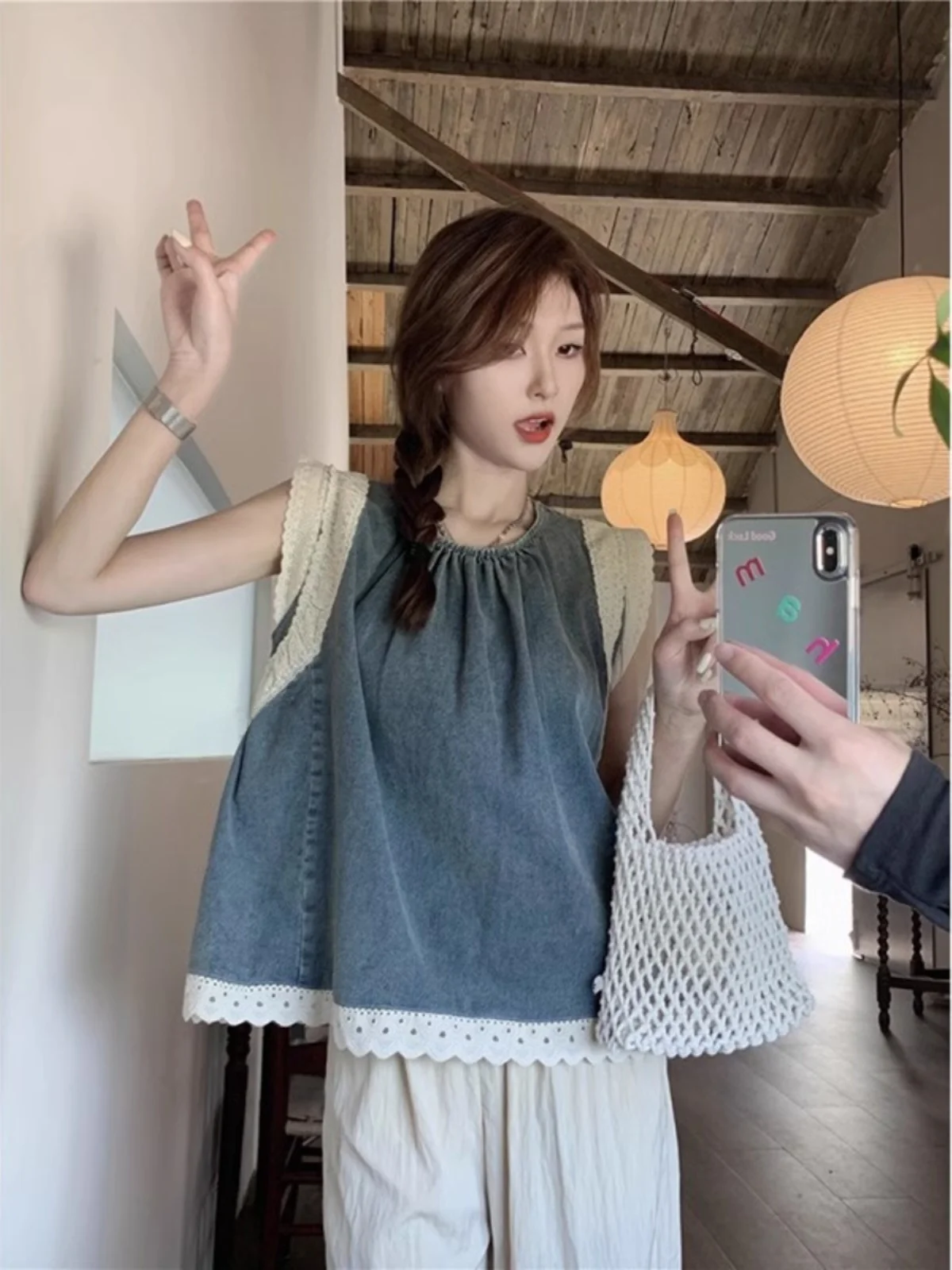 

Summer Denim Lace Doll Top Women's Sleeveless Vest Strapless Shirt Short Sleeve round Neck Commute Style Chinese Made