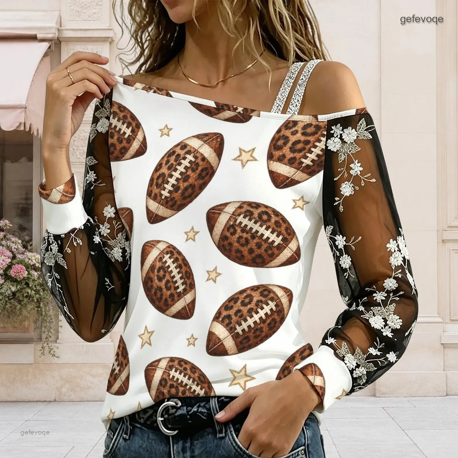 Women Leopard Football Star Print Asymmetric Cold Shoulder Long Sleeve Top with Embroidered Sheer Mesh Sleeves