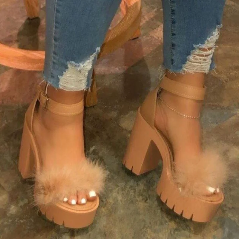

Designer New Sexy Fashion Women's Sandals Summer Platform Buckle Strap High Heels Colorful Feather Coarse Following Womens Shoes