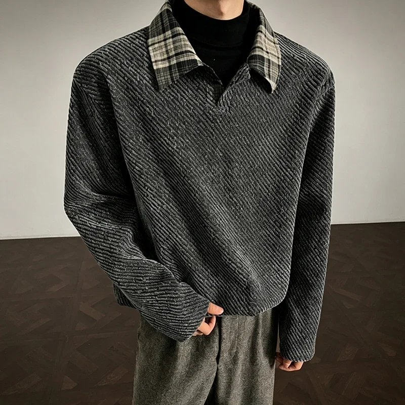 Casual Mens Contrast Plaid Collar Polo Shirt Autumn Textured Knit Fabric Relaxed Fit Basic Top Simple Design Daily Shirt