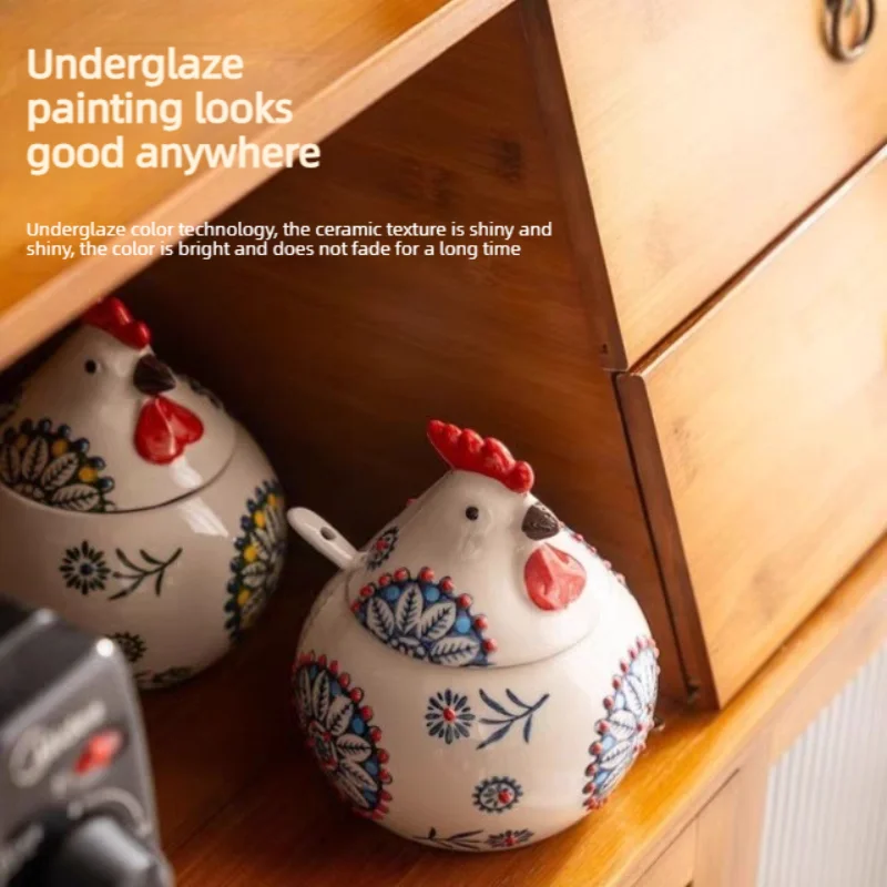 Chick‑shaped Ceramic Seasoning Jar Moisture‑proof Salt Chili Container With Lid And Spoon High‑end Kitchen Spice Box