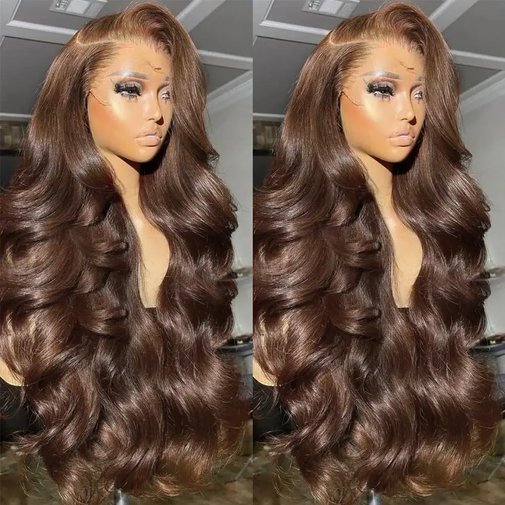 

13x4 Body Wave HD Lace Front Wig 200% Density Chocolate Brown Human Hair Wigs Natural Hairline Brown Colored Wigs 34 inch
