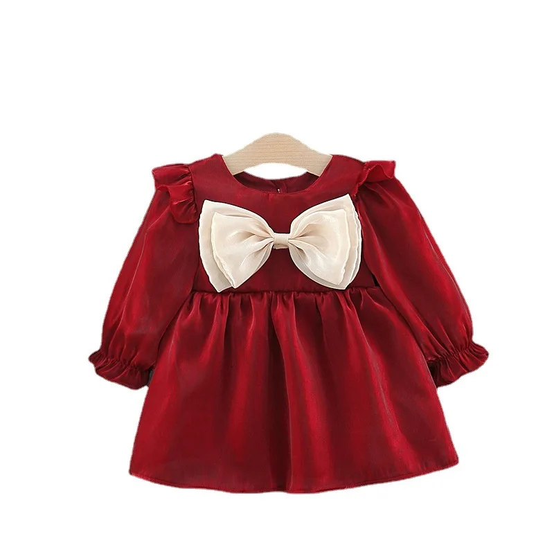 Baby Girl Cute Costume Fall 2023 Children Mesh Cotton Dress with Long Puff Sleeve Princess Dresses Spring Bow Dress for Girls