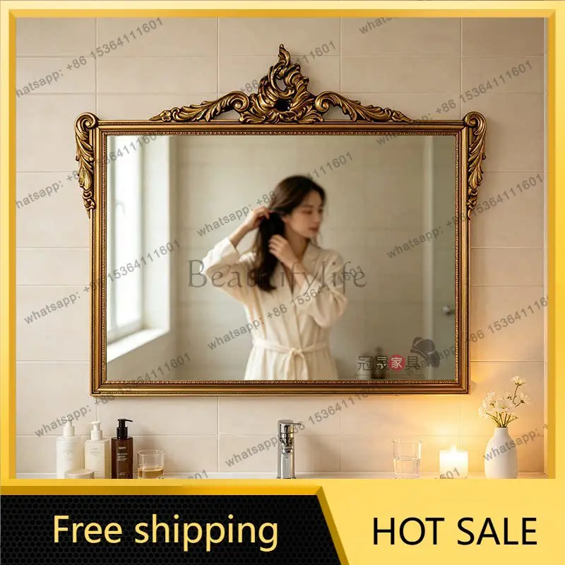 French retro bathroom mirror American bathroom wall hanging European porch background wall carved decorative mirror