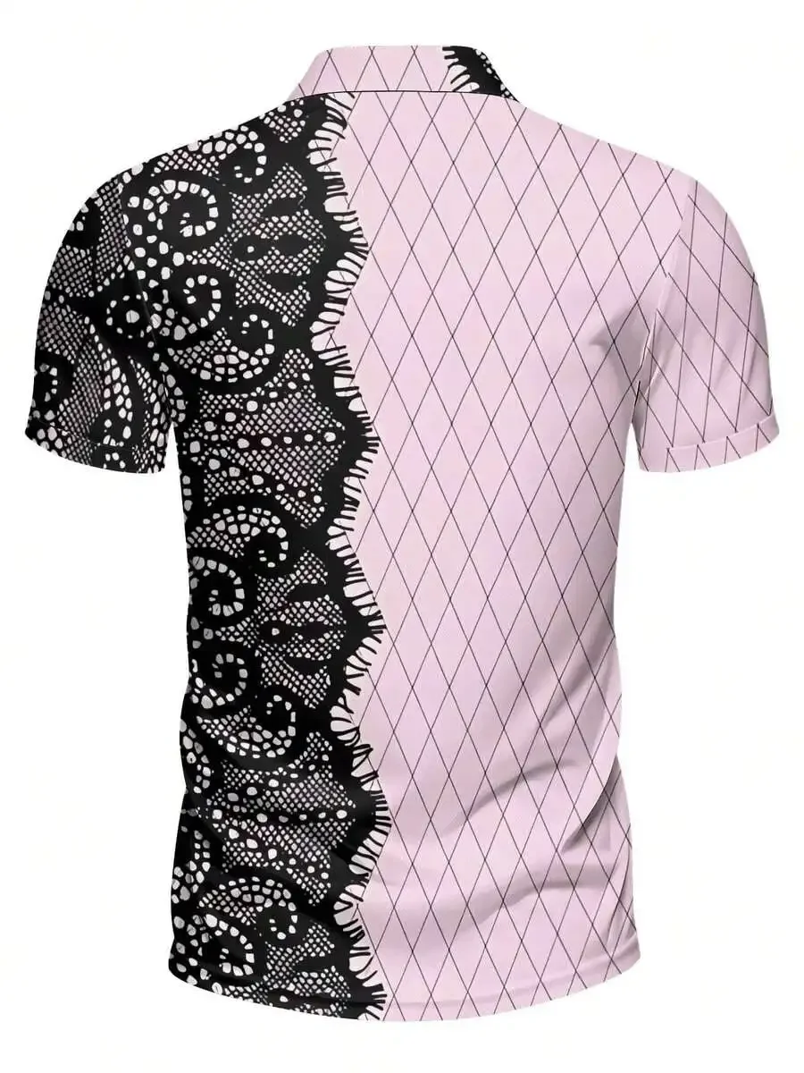 

Mens Shirt Pink Base Black Lace And Diamond Print Slim Fit Casual Quick Dry