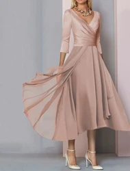 Simple A-Line Mother of the Bride Dress 2023 Elegant V Neck Tea Length Satin Chiffon Sleeve Guest Party Gowns Robe De Soiree