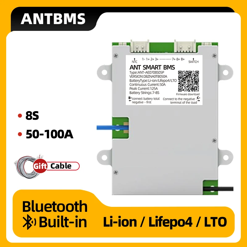 

smart ant bms 8S For Li-Ion LiFePo4 LTO 18650 Battery Bluetooth Built-in 50A 100A 24V 36V Same Port Temp Sensors RS485 Balance