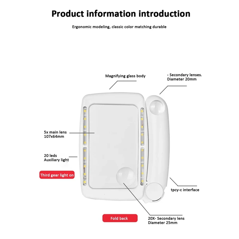 Лупа BAAG-5/20/45X с подсветкой и 20-светодиодами, перезаряжаемая ручная увеличительная лупа для чтения с небольшим шрифтом для пожилых людей