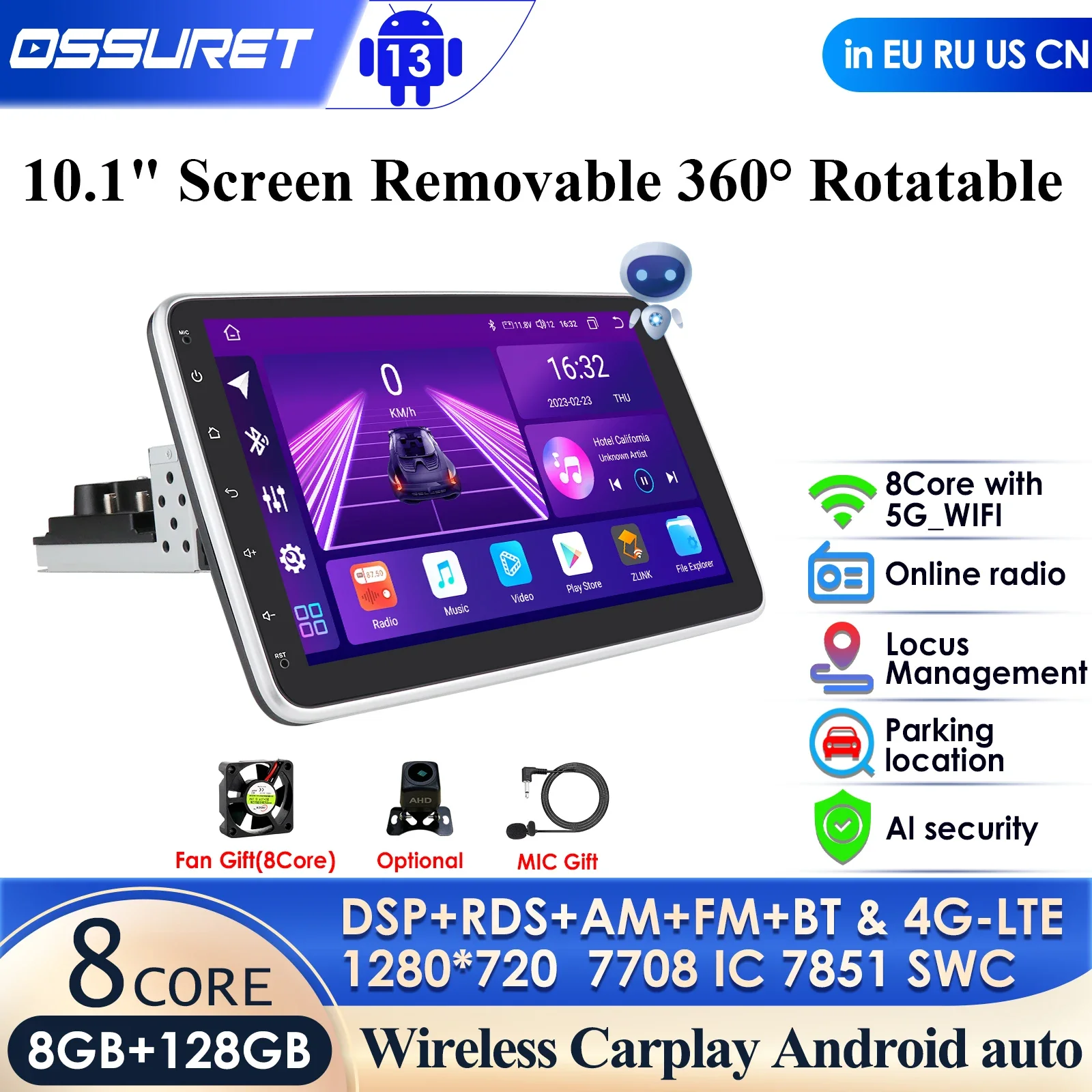 

1 Din Car Android Multimedia Player 10.33 Inch Rotatable Screen Removable Carplay Auto Autoradio Stereo GPS WiFi 1din Universal