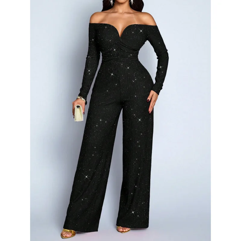 Women's Sequin. One-shoulder. Long-sleeve Jumpsuit Perfect. For Parties, Nightclubs, Dinners, And Dates; A Stiglich Outfit For