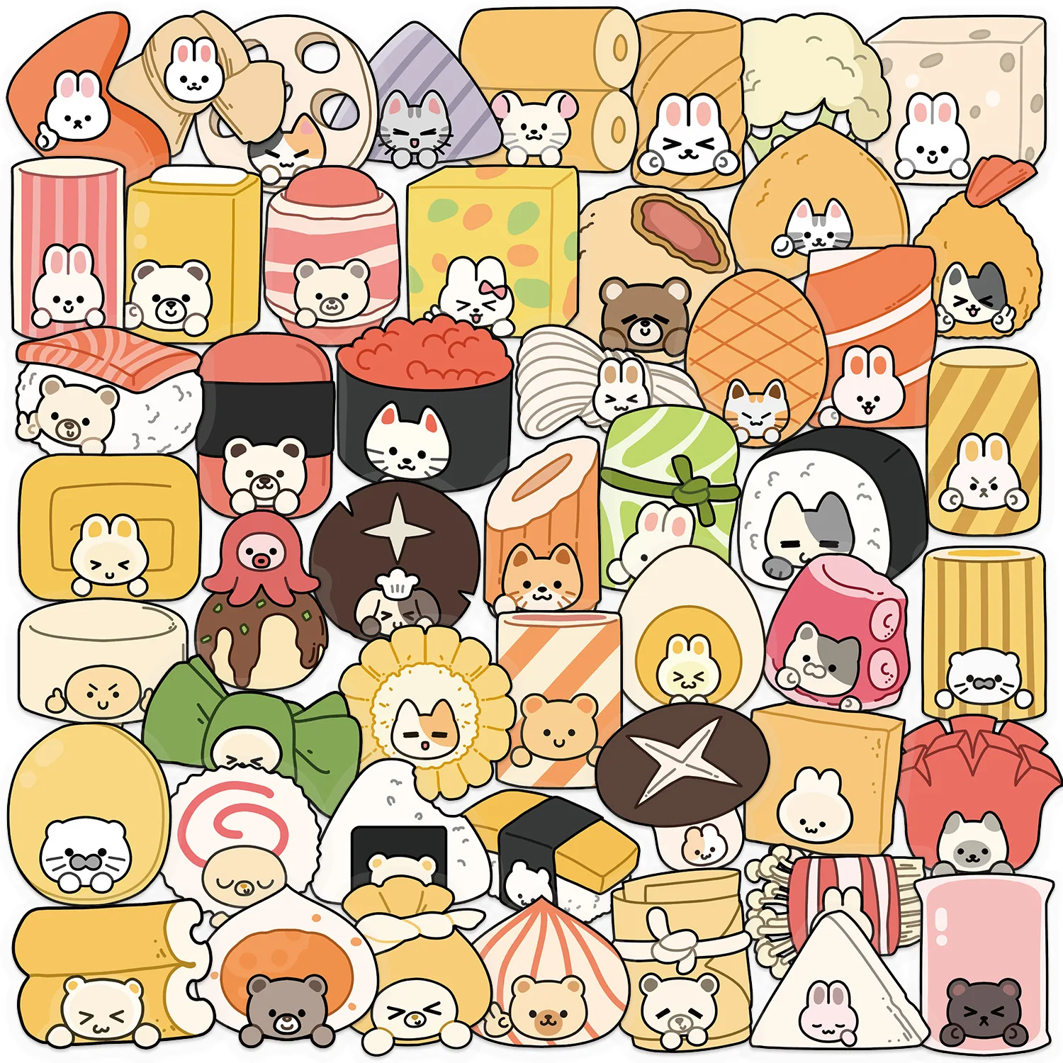 50 PCS Cartoon Japanese Little Animal Food Stickers Pack Waterproof Transparent PET Stickers Decorate Lunch Box Fridge Decals