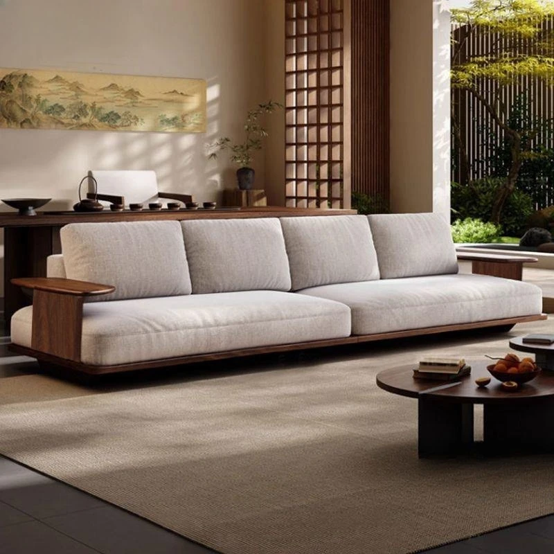 Leather sofa, black walnut solid wood, minimalist living room, in-line row small apartment for home use