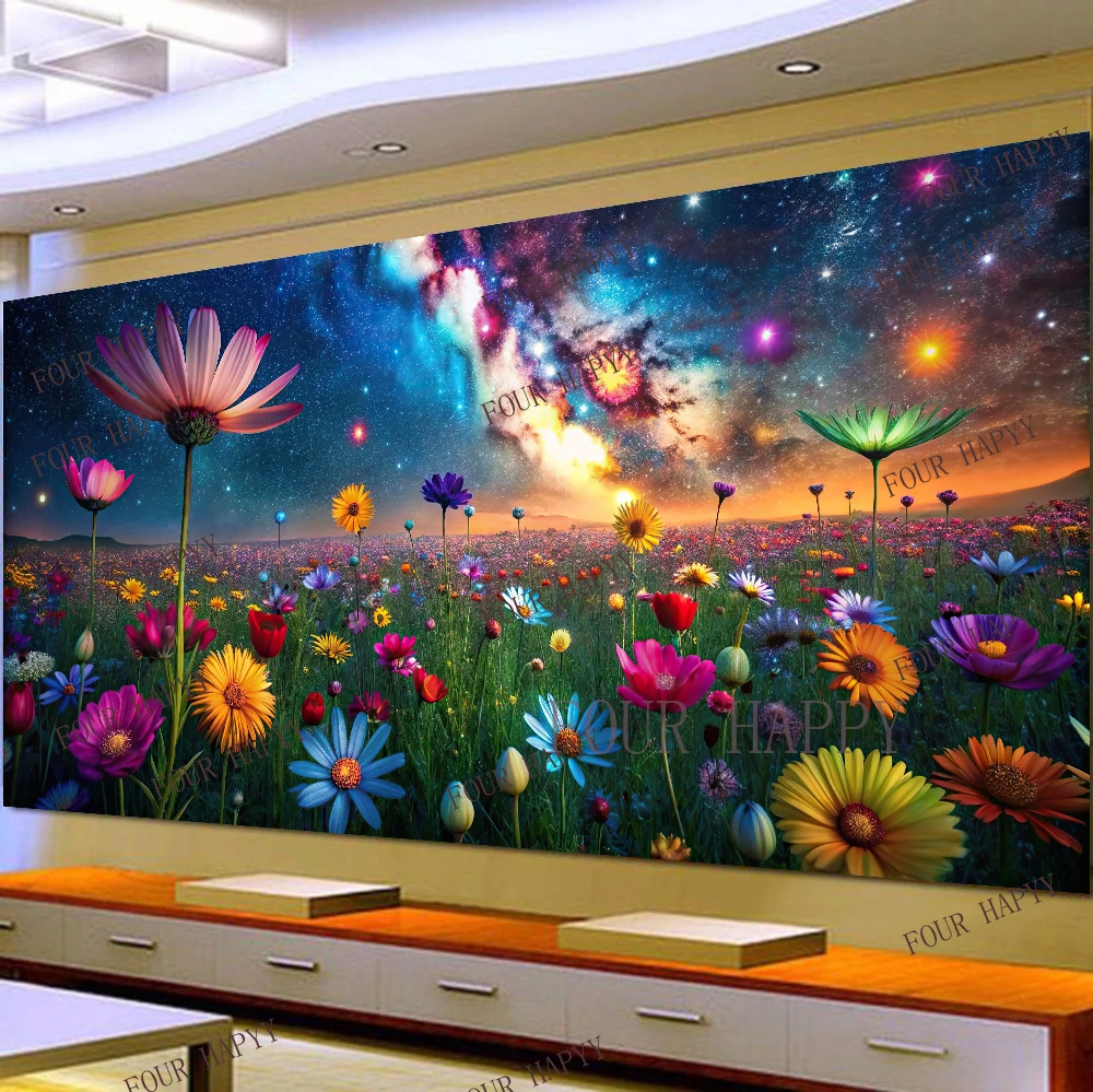 5D DIY Large Diamond Painting, Landscape Wall Art, Starry Sky, Colorful Flowers, Full Round Drill, Embroidery, Home Decor