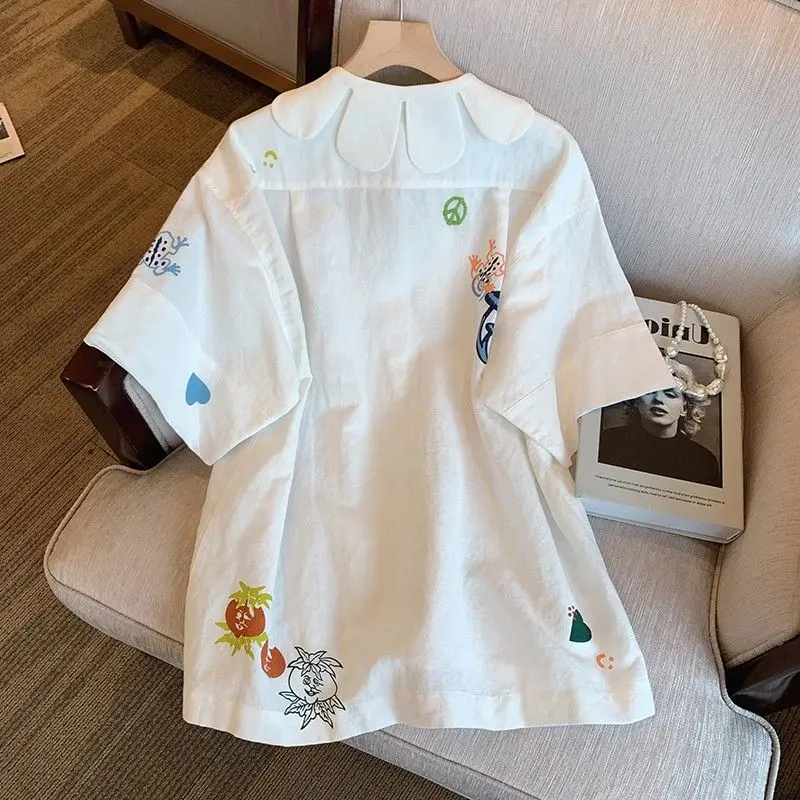 EBAIHUI Peter Pan Collar Cute Print Women's Shirt Korean Embroidery Design Ladies Short Sleeve Blouse Summer Loose Casual Top