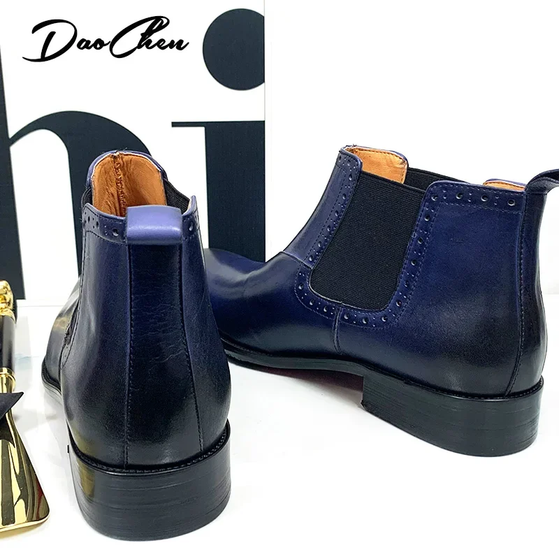 Luxury Brand Men's Ankle Boots Slip On Chelsea Boots Casual Mens Dress Shoes Blue Black Wedding Office Leather Boots Men