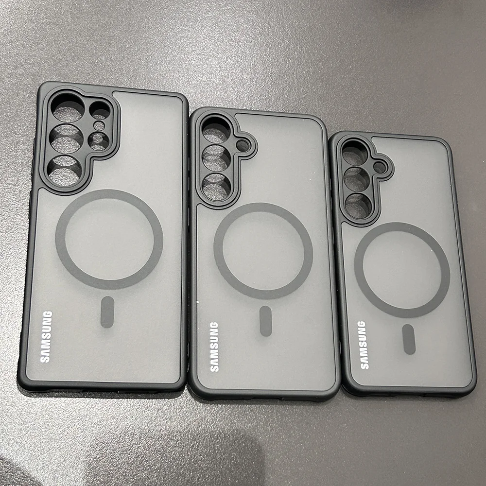 حافظة لهاتف سامسونج S25 S25 Plus S25Ultra FE Edge شحن مغناطيسي لاسلكي غطاء شفاف غير لامع لهاتف Magsafe شفافة متجمدة