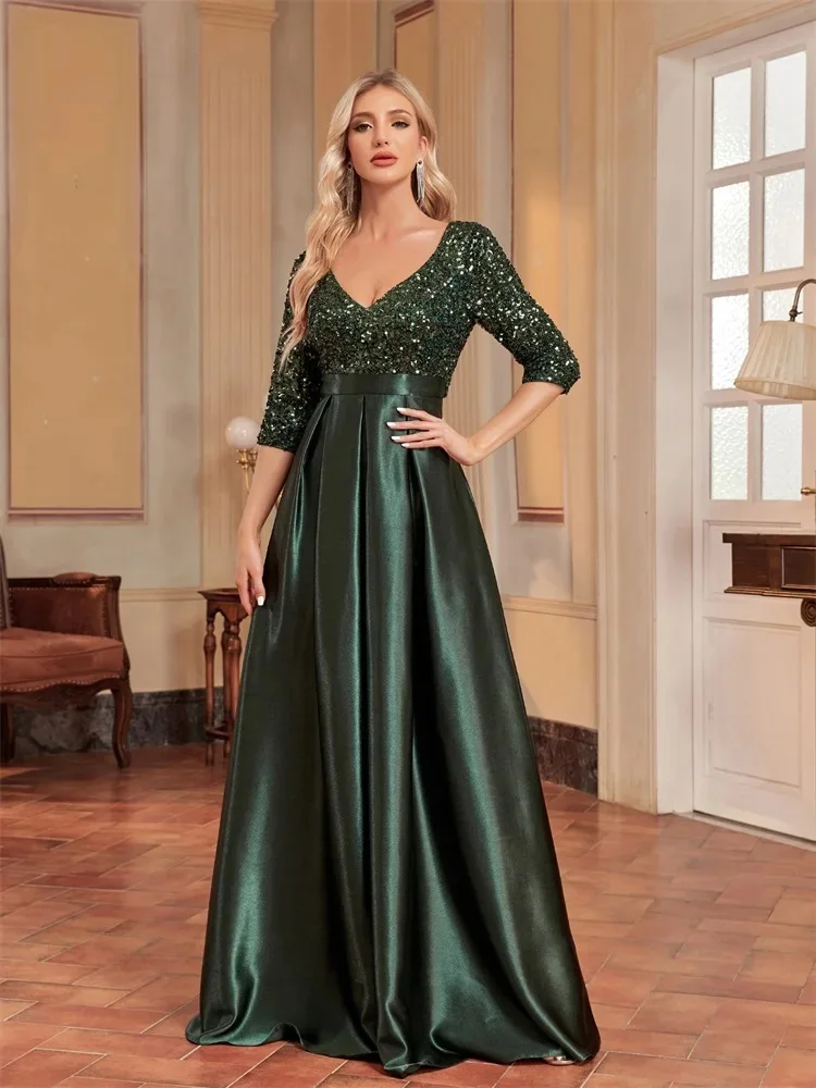 Elegantes kurzärmliges Pailletten-Abendkleid 2023, Damen-Satin, Abschlussball, Party, grünes Kleid, bodenlang, formelles Cocktailkleid