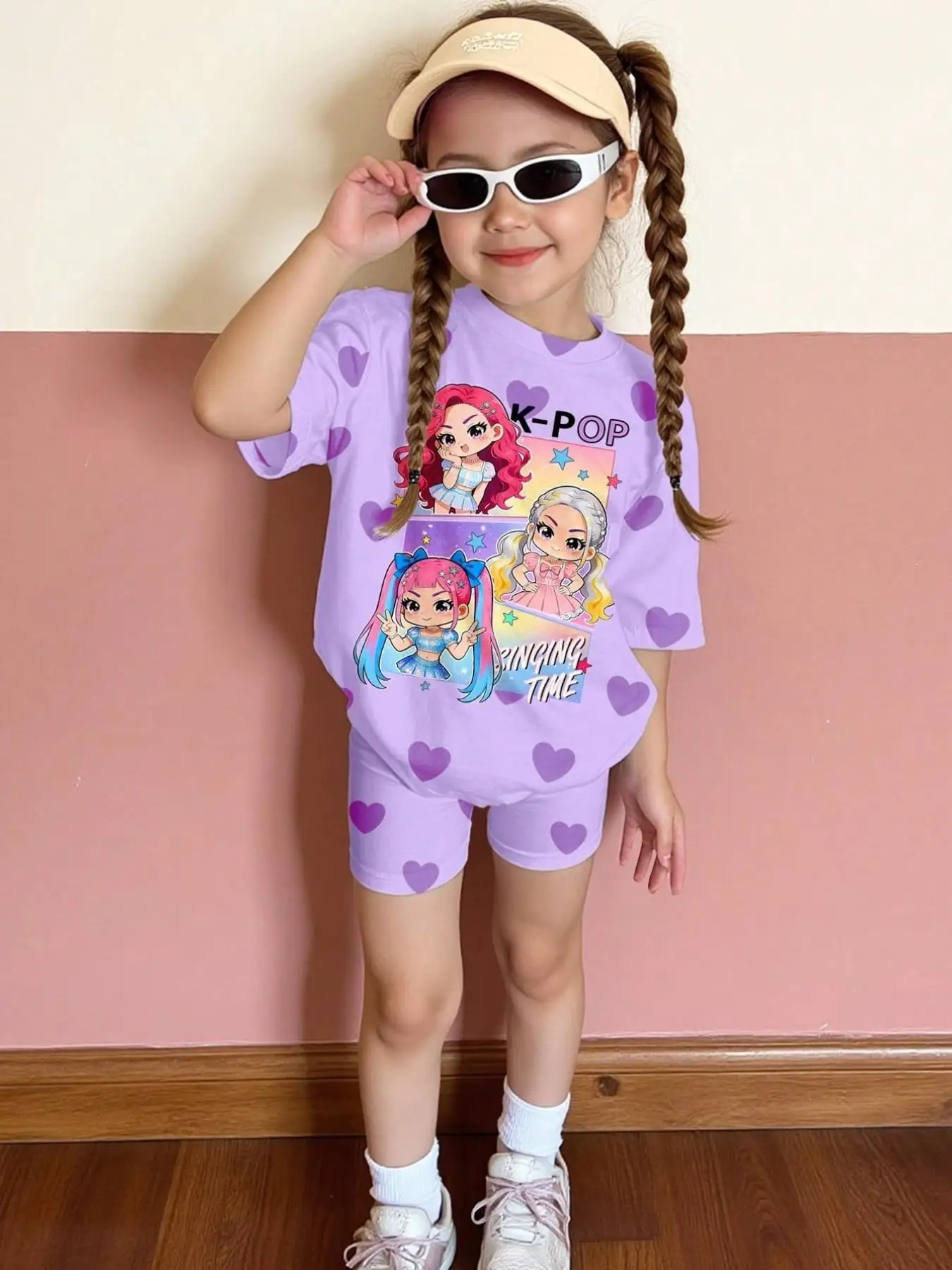 Girls' lavender heart-print Korean-style cartoon two-piece set, featuring a crew-neck short-sleeve T-shirt and matching heart-pr