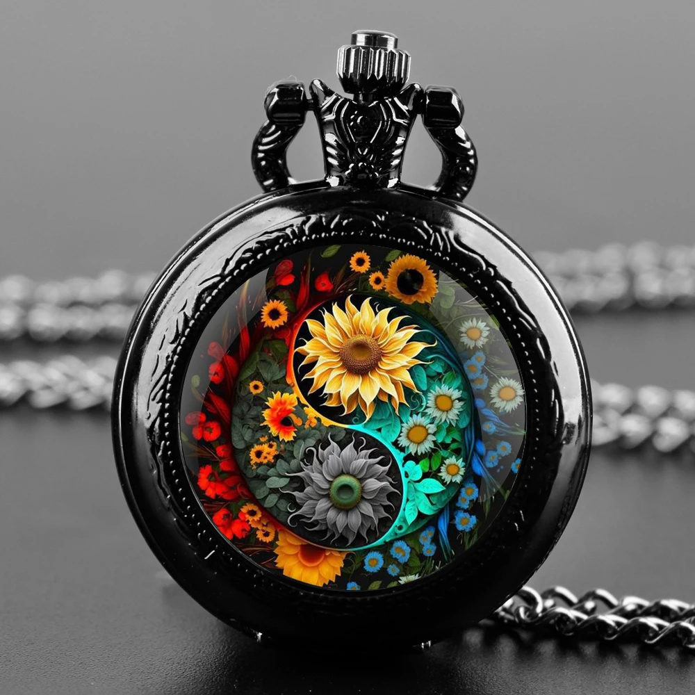 Yin-Yang Sunflower Design Black Quartz Pocket Watch Gift Set with Durable Chain and Arabic Numeral Face Timeless Present for Boy