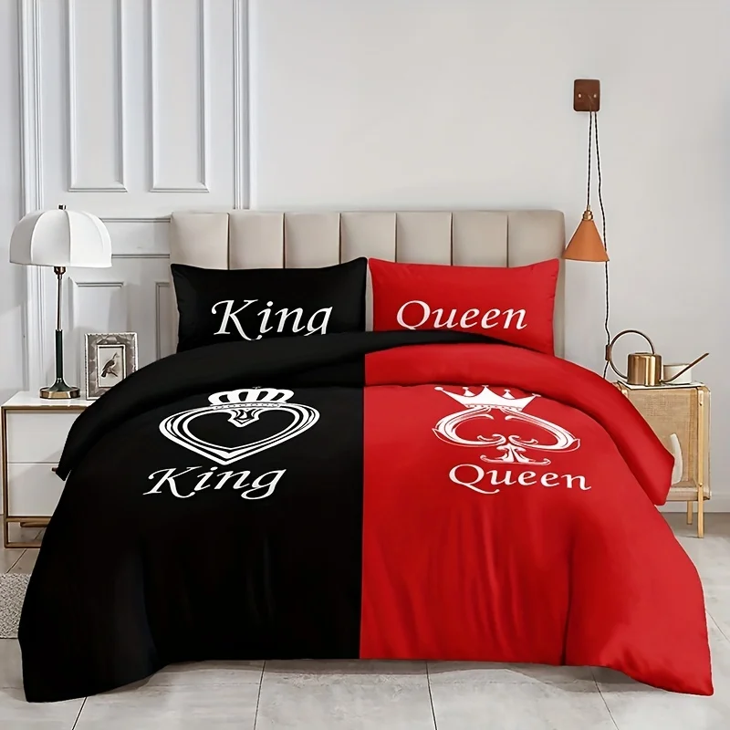 Duvet Cover Set Black And Red Crown Pattern Bedding Set Soft Duvet Cover For Bedroom Guest Room 1*Duvet Cover + 2*Pillowcase