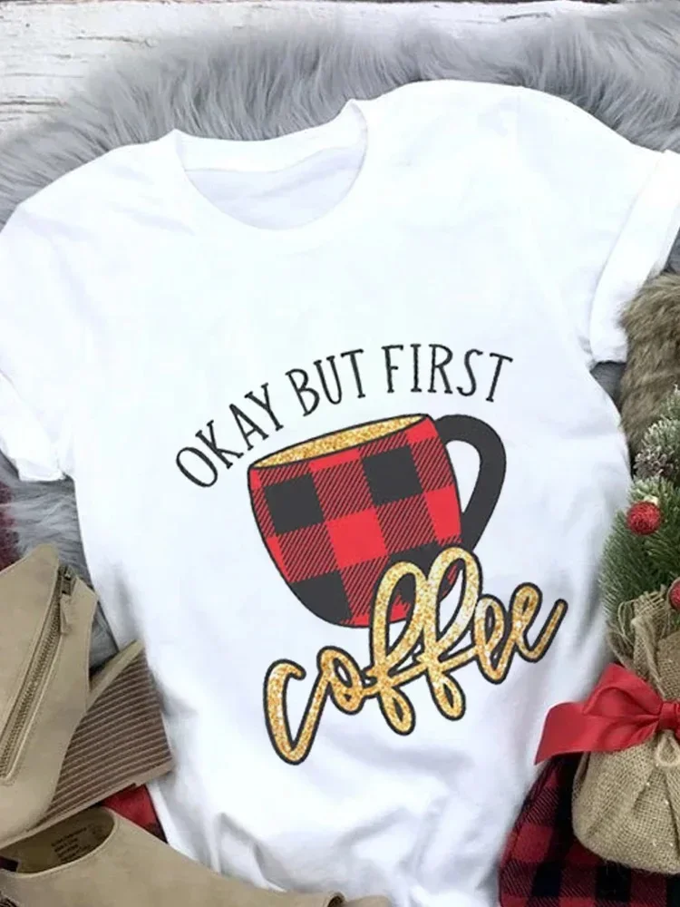 

Женская футболка с принтом кофе, белая футболка с рождественским принтом, уличная одежда, футболка с милой чашкой, женские футболки, повседневные футболки с круглым вырезом