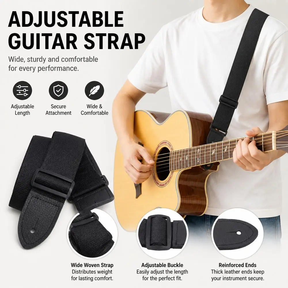 Adjustable Guitar Strap Black Wide Acoustic Guitar Strap Music Performance Woven Fabric Electric Guitar Strap