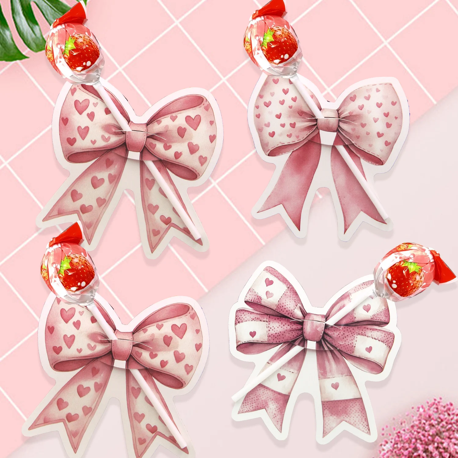 40 Teile/satz Bogen Form Lutscher Karten Rosa Schleife mit Herz Gedruckt Papier Karten Für Hochzeit Valentinstag Süßigkeiten Halter liefert