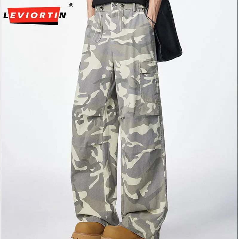 

American retro men's high street hip-hop loose and simple straight tube drag down feeling camouflage workwear casual pants