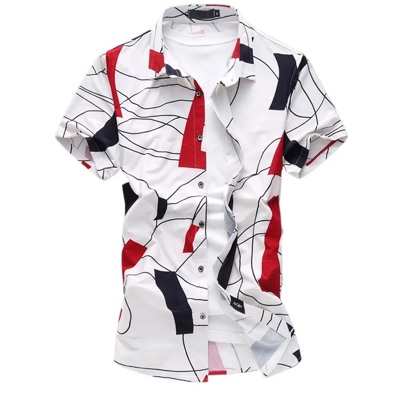 Summer New Men's Short Sleeve Printed Shirts White / Navy Homme Wedding Banquet Party Dress Shirt Comfortable Breathable Tops