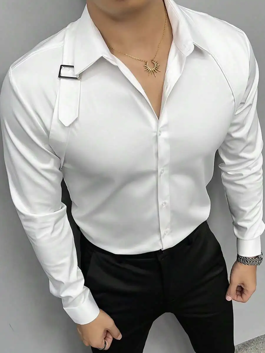 

Men's Solid White Long Sleeve Button-Up Shirt with Strap Detail