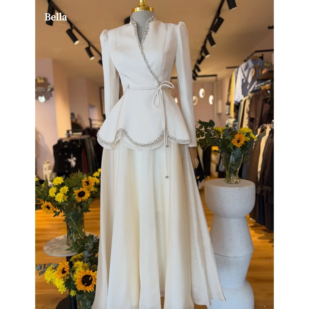

Bella Customized White Formal Prom Dress Elegant Satin Rhinestone robes de soirée A Line Evening Gown for Women Party Dresses