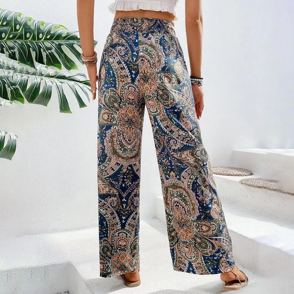 กางเกงขายาวเอวสูงลายแฟชั่น สไตล์ลำลองสำหรับผู้หญิง ใส่สบาย เหมาะกับฤดูใบไม้ผลิและฤดูร้อน ขอบเอวยางยืด สไตล์โบฮีเมียน เหมาะกับใส่ไปเที่ยวชายหาด
