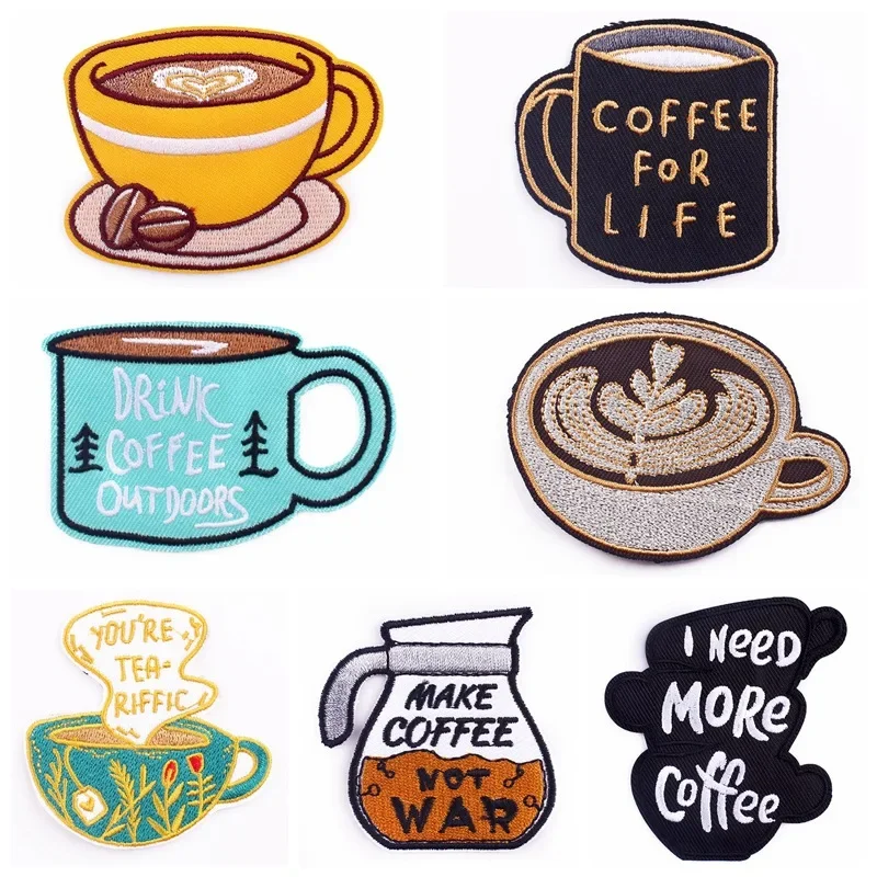 Coffee Cup Embroidery Patches Iron on Cafe Badges for DIY T-shirt Caffeine-lover Appliques Thermo Adhesive Stickers Customizable