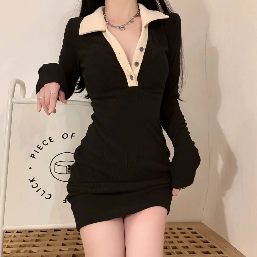 Vestido corto de manga larga ajustado para mujer, minivestido Sexy con botones, cuello vuelto, vaina Ins, Kpop, moda de ocio, otoño