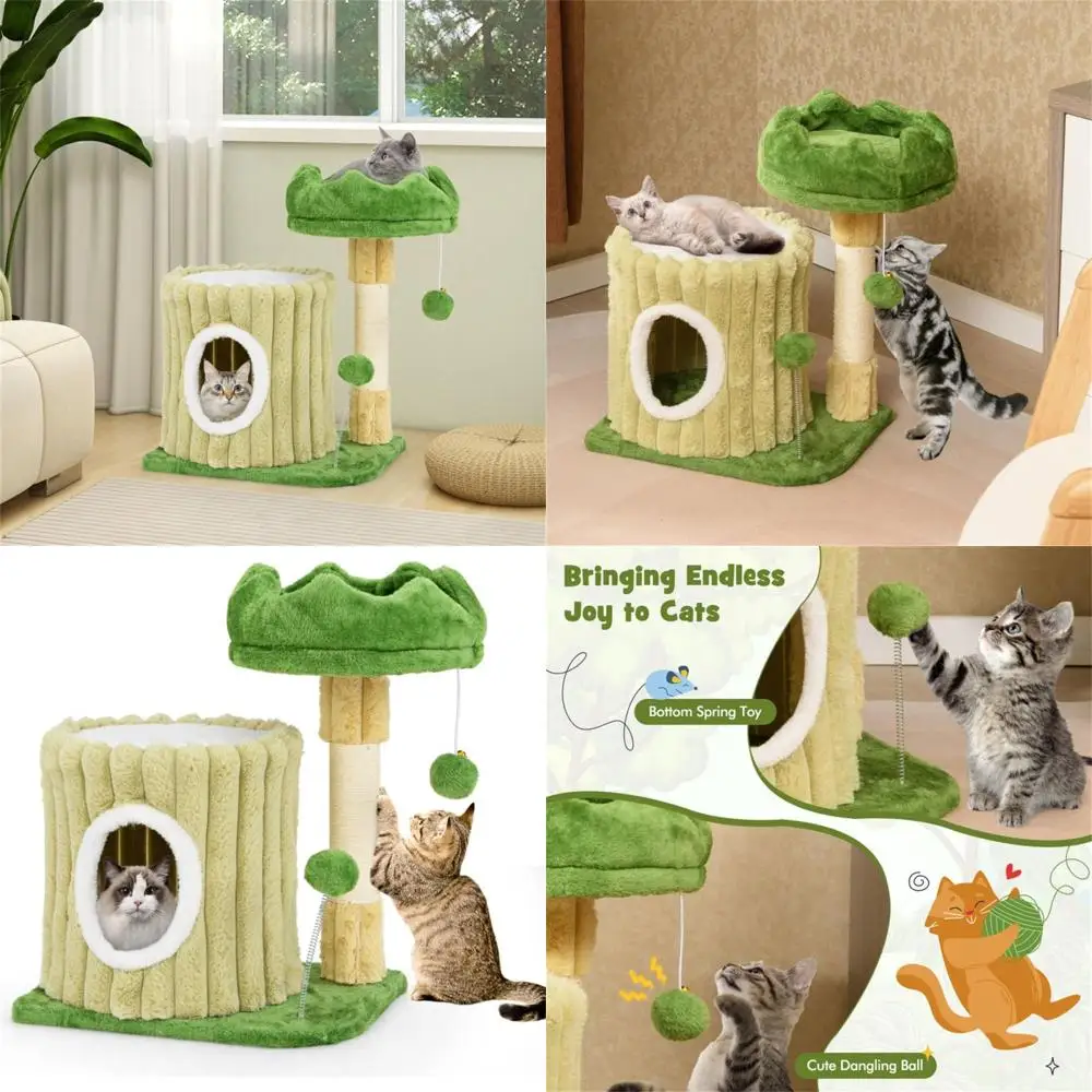 

Кошачье дерево для дома с сизалевой когтеточкой и подвесной игрушкой, 2-уровневая мебельная конструкция с плюшевой лежанкой и цветочным дизайном, идеально для маленьких кошек